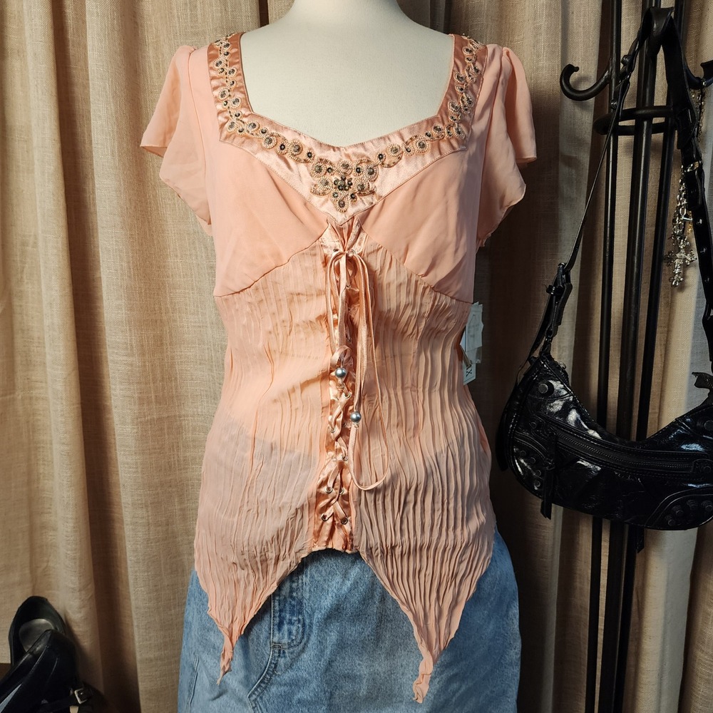 Kaelyn Max XL Peach Beaded Corset Blouse Sharkbite Hem Short Sleeve NWT